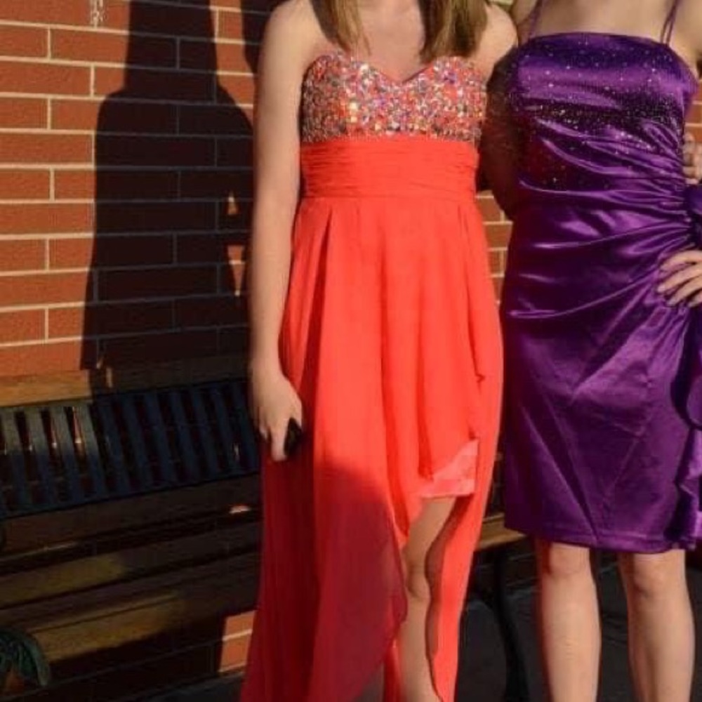 Strapless, coral, gemmed, high low prom dress